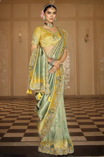 Elegant soft silk Blend saree with zari weaving, heavy embroidery & khatli work