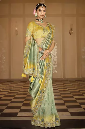 Elegant soft silk Blend saree with zari weaving, heavy embroidery & khatli work