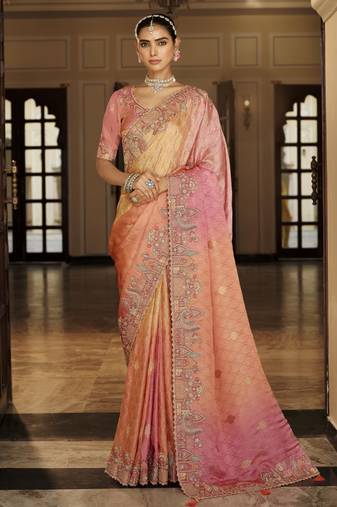 Soft silk zari weaving saree with heavy khatli embroidery     party & wedding wear