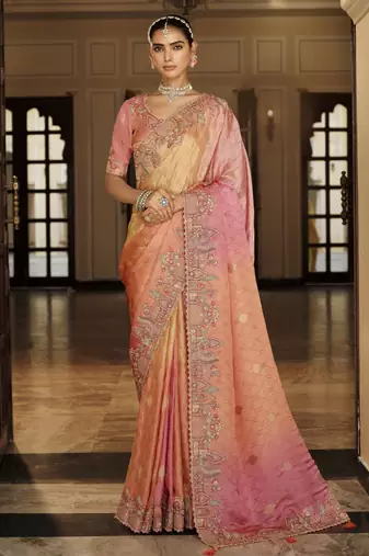 Soft silk zari weaving saree with heavy khatli embroidery     party & wedding wear