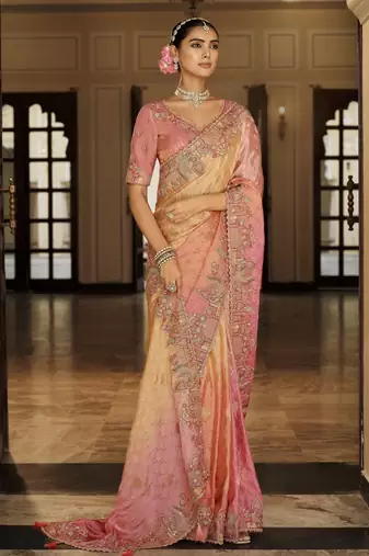 Soft silk blend zari weaving saree with khatli embroidery  party & wedding wear