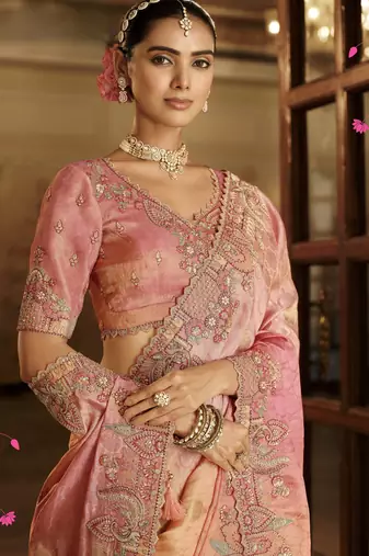 Soft silk blend zari weaving saree with khatli embroidery  party & wedding wear