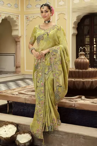 Soft silk zari weaving saree with heavy khatli embroidery     party & wedding wear
