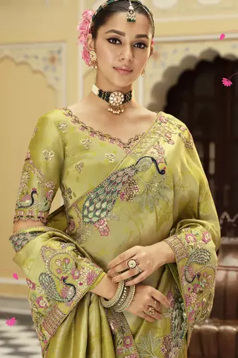 Soft silk blend zari weaving saree with khatli embroidery  party & wedding wear
