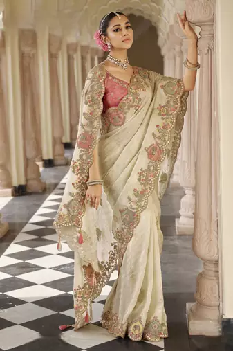 Luxury soft silk saree with designer weaving & heavy embroidered blouse