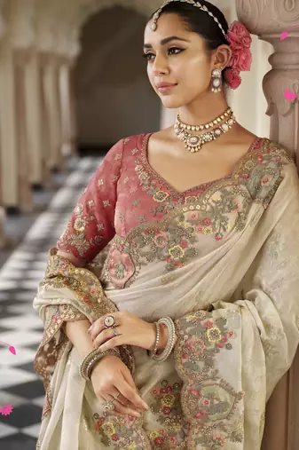 Luxury soft silk blend saree with weaving & embroidered blouse