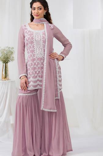 Pink embroidered georgette semi-stitched palazzo style salwar suit