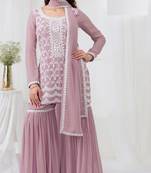 Pink embroidered georgette stitched palazzo style salwar suit