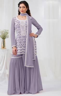 Purple embroidered georgette stitched palazzo style salwar suit 1