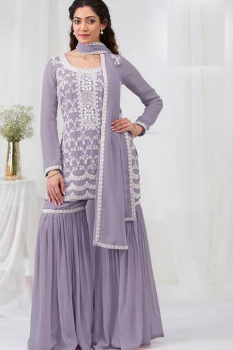 Purple embroidered georgette semi-stitched palazzo style salwar suit