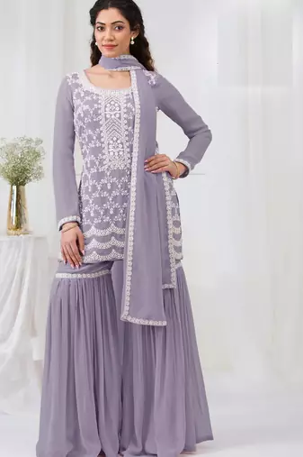 Purple embroidered georgette semi-stitched palazzo style salwar suit