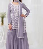 Purple embroidered georgette stitched palazzo style salwar suit
