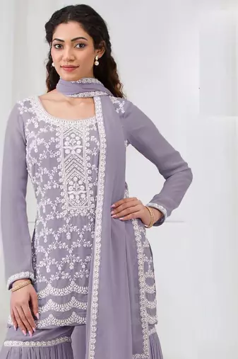 Purple embroidered georgette stitched palazzo style salwar suit