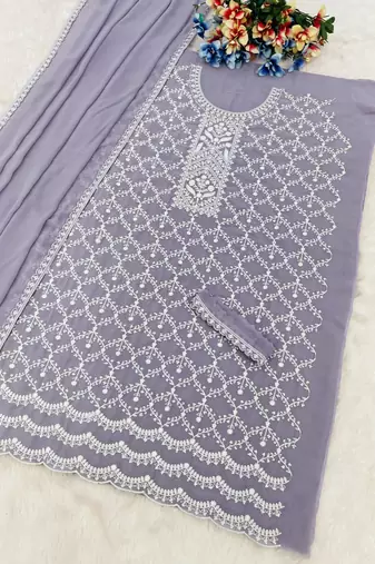 Purple embroidered georgette stitched palazzo style salwar suit