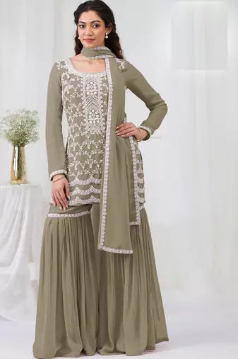 Green embroidered georgette semi-stitched palazzo style salwar suit