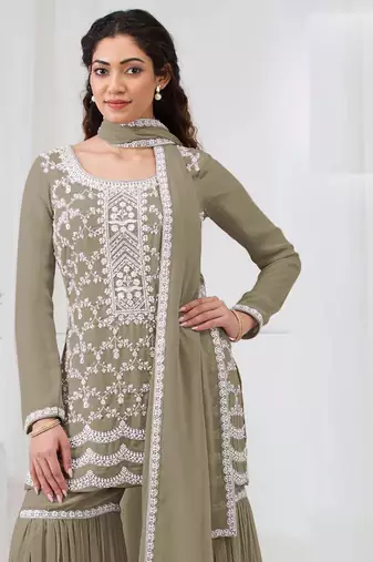 Green embroidered georgette stitched palazzo style salwar suit