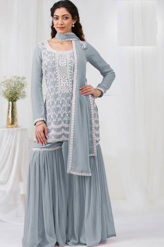 Grey embroidered georgette semi-stitched palazzo style salwar suit