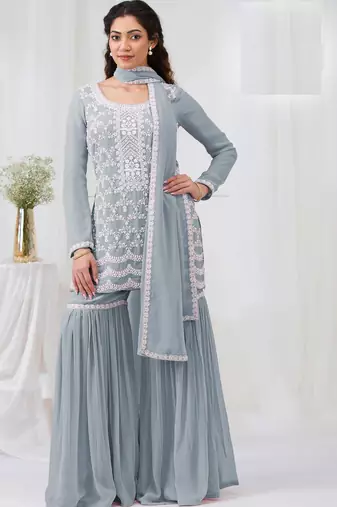Grey embroidered georgette semi-stitched palazzo style salwar suit