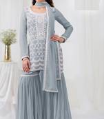 Grey embroidered georgette semi-stitched palazzo style salwar suit