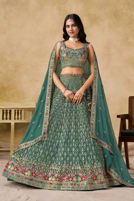 TURQUOISE SEQUINS & THREAD EMBROIDERED LEHENGA CHOLI 1