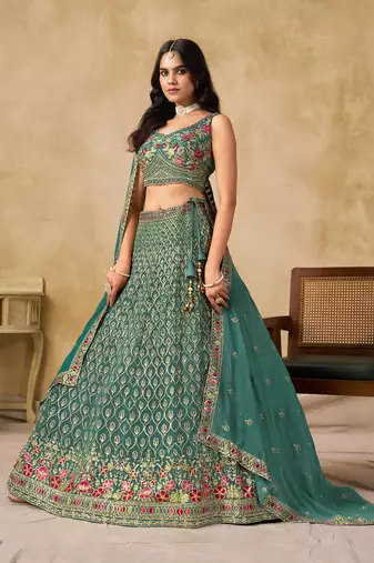 TURQUOISE SEQUINS & THREAD EMBROIDERED LEHENGA CHOLI