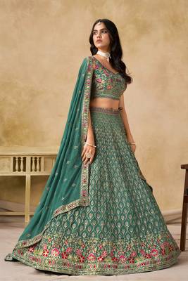 TURQUOISE SEQUINS & THREAD EMBROIDERED LEHENGA CHOLI 3