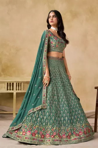 TURQUOISE SEQUINS & THREAD EMBROIDERED LEHENGA CHOLI