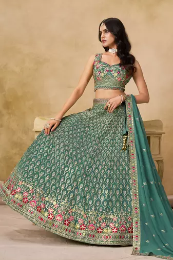 TURQUOISE SEQUINS & THREAD EMBROIDERED LEHENGA CHOLI