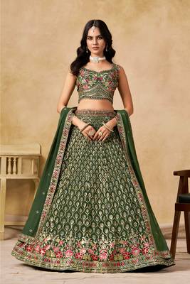 GREEN SEQUINS & THREAD EMBROIDERED LEHENGA CHOLI 1