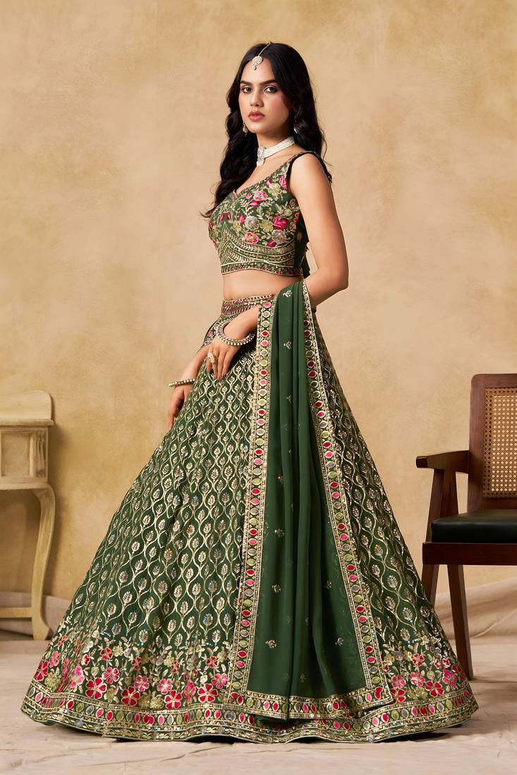 GREEN SEQUINS & THREAD EMBROIDERED LEHENGA CHOLI