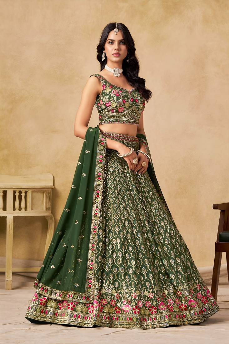 GREEN SEQUINS & THREAD EMBROIDERED LEHENGA CHOLI