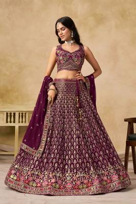 PURPLE SEQUINS & THREAD EMBROIDERED GEORGETTE LEHENGA CHOLI 1