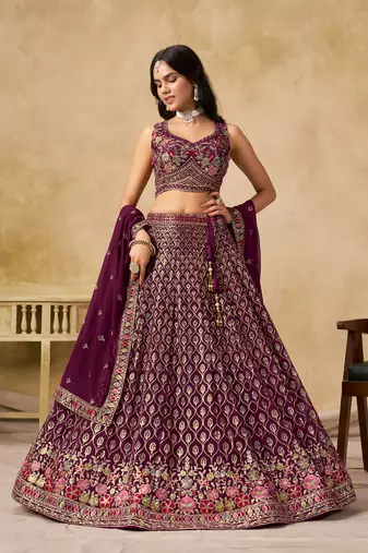 MAROON SEQUINS & THREAD EMBROIDERED GEORGETTE LEHENGA CHOLI