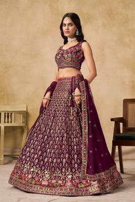 PURPLE SEQUINS & THREAD EMBROIDERED GEORGETTE LEHENGA CHOLI 2