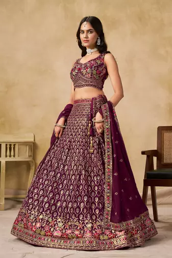 PURPLE SEQUINS & THREAD EMBROIDERED GEORGETTE LEHENGA CHOLI