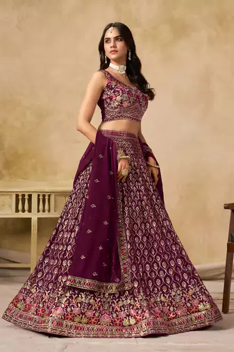 PURPLE SEQUINS & THREAD EMBROIDERED GEORGETTE LEHENGA CHOLI