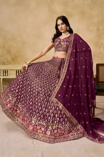 PURPLE SEQUINS & THREAD EMBROIDERED GEORGETTE LEHENGA CHOLI