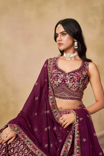 PURPLE SEQUINS & THREAD EMBROIDERED GEORGETTE LEHENGA CHOLI