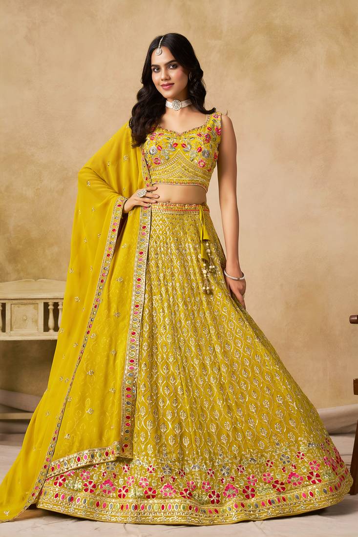 YELLOW SEQUINS & THREAD EMBROIDERED GEORGETTE LEHENGA CHOLI