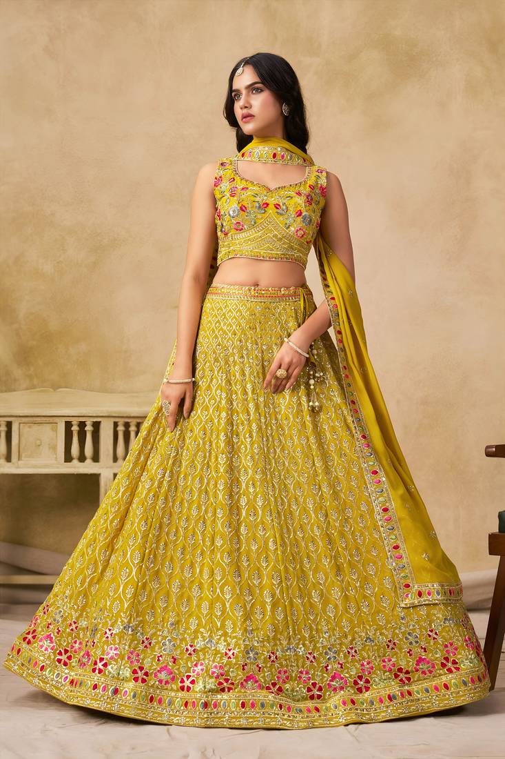 YELLOW SEQUINS & THREAD EMBROIDERED GEORGETTE LEHENGA CHOLI