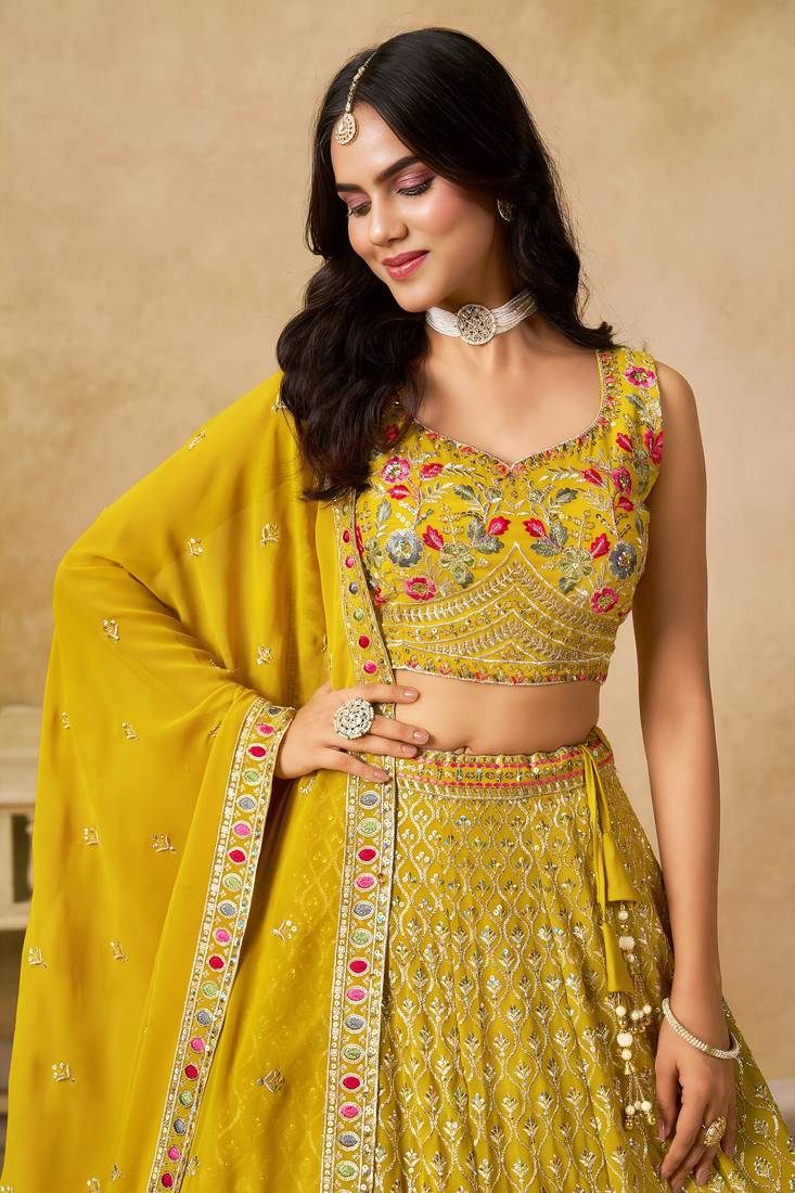 YELLOW SEQUINS & THREAD EMBROIDERED GEORGETTE LEHENGA CHOLI