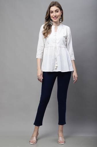 Off white women's pure cotton embroidered short top