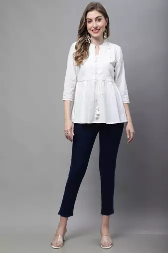 Off white women's pure cotton embroidered short top