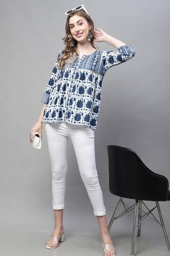 Navy blue women's pure cotton jaipuri printed short top