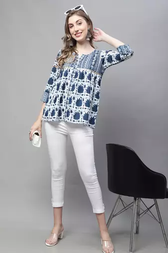 Navy blue women's pure cotton jaipuri printed short top
