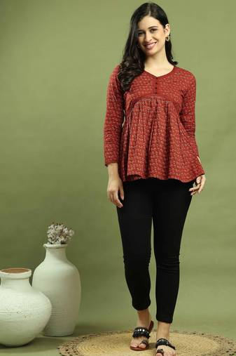 Maroon women's pure cotton jaipuri printed short top
