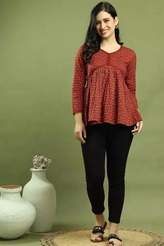 Maroon women's pure cotton jaipuri printed short top