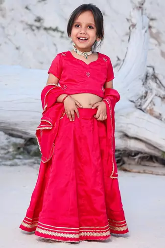 Kids Pink Rosy Lehenga Choli - Silk with Handwork