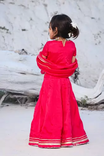 Kids Pink Rosy Lehenga Choli - Silk with Handwork