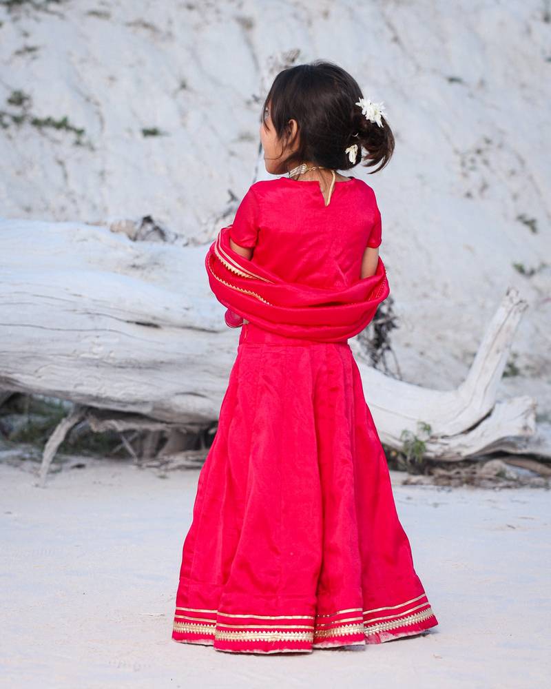 Kids Pink Rosy Lehenga Choli - Silk with Handwork
